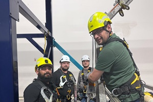 Technicians undertaking rescue training on the newly installed platform structure at GEVs North American Wind Academy
